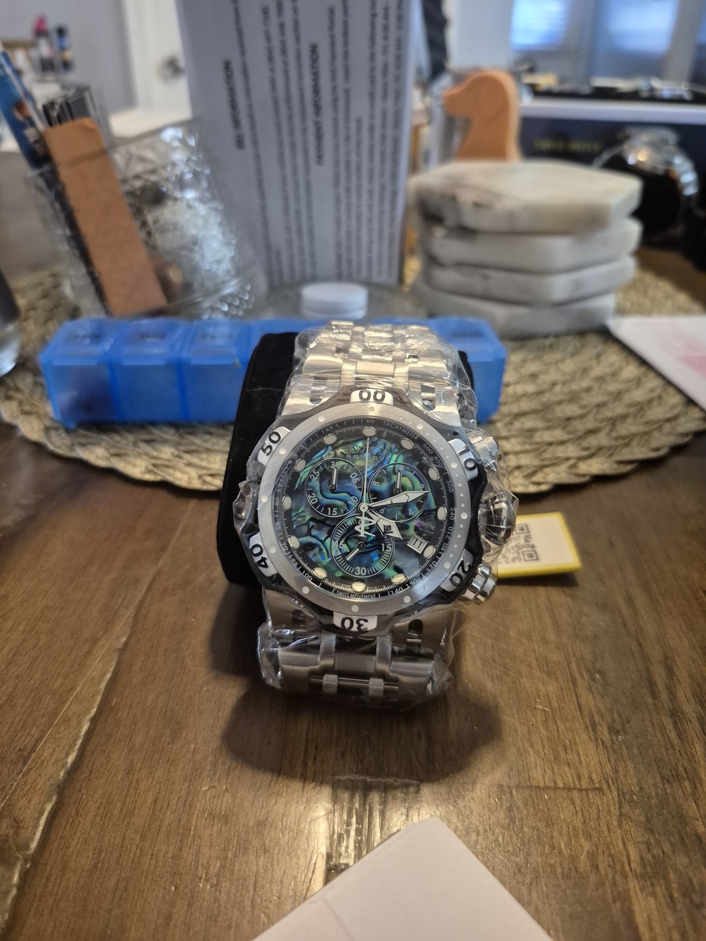 Invicta Silver Stainless Steel Watch with Iridescent Abalone Dial